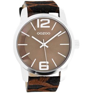 OOZOO Timepieces - Zilverkleurige horloge met bruine leren band - C8042