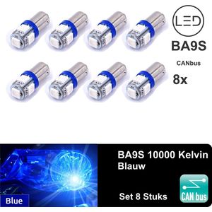 8 Stuks Autolampen BA9S T11 T4W  - Led Signal Light - 12V - Knipperlicht - 3030SMD Blauw - 10000k -