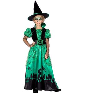 Wilbers & Wilbers - Heks & Spider Lady & Voodoo & Duistere Religie Kostuum - Green Witch Spookhuis Heks - Meisje - Blauw, Zwart - Maat 128 - Halloween - Verkleedkleding