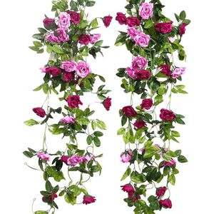 2 stuks 240 cm lange tweekleurige kunstrozenslinger-ranken, hangende zijden bloemen, kunstbloemen voor buiten- en binnen, bruiloft- en muurdecoratie (magenta)