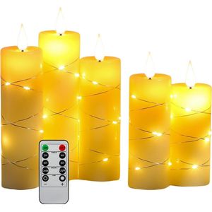 Kaarslichten - Ledkaarsen, batterijkaarsen, met ingebouwde lichtslinger, 5 vlamloze kaarsen, met afstandsbediening met 10 toetsen, 24-uurstimerfunctie, dansende vlam, echte was (batterijen niet inbegrepen)