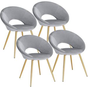 Rootz Set van 4 eetkamerstoelen - Fluwelen bekleding - Gouden metalen poten - Elegant en comfortabel - Duurzaam en stabiel - Lichtgrijs - 78 cm x 35 cm x 45 cm