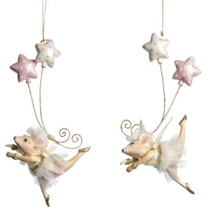 Viv! Christmas Kerstornament - Ballerina muisjes met ballonnen - set van 2 - roze wit - 18,5cm