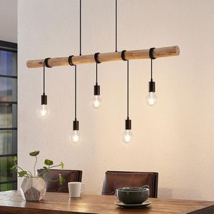 Lindby - hanglamp - 5lichts - Ijzer, hout, touw - E27 - matzwart, licht hout