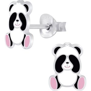 Joy|S - Zilveren Panda oorbellen - 6 x 8 mm - zwart wit met roze voetjes