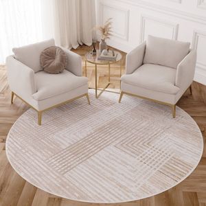 Tapiso Crystal Rond Vloerkleed Beige Laagpolig Lijnen Woonkamer Tapijt Maat- 120x120