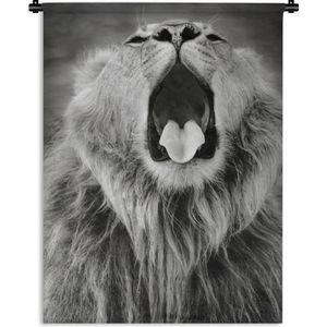 Wandkleed Dierenprofielen in Zwart-Wit - Dierenprofiel geeuwende leeuw in zwart-wit Wandkleed katoen 60x80 cm - Wandtapijt met foto