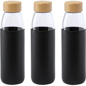 3x Stuks glazen waterfles/drinkfles met zwarte siliconen bescherm hoes 540 ml - Sportfles - Bidon
