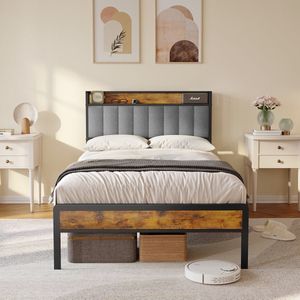 Bealife BF25 Twijfelaarbedden , standaard Platform Bedframe, 220.5 x 120 x111cm, Metalen Bedframe met Opbergbaar Hoofdbord, Stevig en Stabiel, Geluidsvrij, Geen Boxspring Nodig, Eenvoudige Montage-Licht Grijs