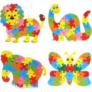 Playos® - Alfabet Puzzel - Set van 4 - Kartonnen Puzzel - Olifant, Leeuw, Dinosaurus en Vlinder - Dieren Puzzel - Educatief Speelgoed - Alfabet Leren - Montessori Speelgoed - Puzzels