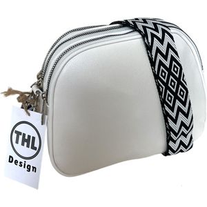 THL Design - Kleine Dames Schoudertas - Klein Tasje - 3 vakken - Bag Strap - Tassenriem wit / zwart - Wit