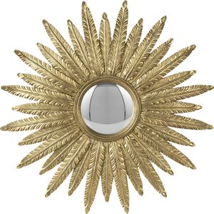 HAES DECO - Bolle ronde Spiegel met Veren - Kleur Goudkleurig - Formaat Ø 38x2 cm - Materiaal Polyresin / Glas - Wandspiegel, Spiegel rond, Convex Glas