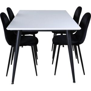 Jimmy150 eethoek eetkamertafel uitschuifbare tafel lengte cm 150 / 240 wit en 4 Polar eetkamerstal velours zwart.