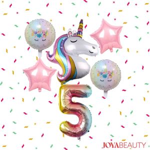 Joya® 5 jaar Unicorn Feestset | Kinderverjaardag Versier Decoratie Pakket | Helium Ballonnen Unicorn | Eenhoorn Verjaardag Leeftijd Vijf Jaar