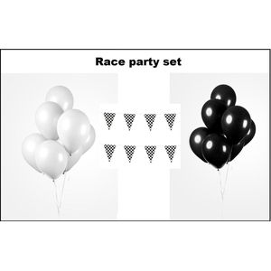 Race party set - 2x vlaggenlijn zwart/wit geblokt - 100x Luxe Ballonnen zwart/wit- Formule 1 Finish Festival thema feest party verjaardag gala jubileum