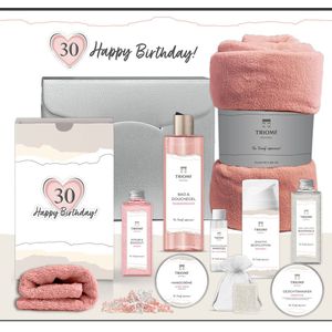 Geschenkset “30 Jaar, Happy Birthday!” - 10 producten - 900 gram | Luxe Cadeaubox voor haar - Wellness Pakket Vrouw - Giftset Deluxe Fleece deken - Cadeaupakket Dertig jaar - Verjaardag - Gefeliciteerd Cadeau - Sweet Thirty Party - Gift Set - Roze