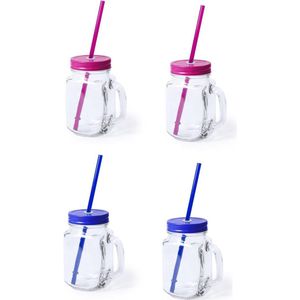 4x stuks Glazen Mason Jar drinkbekers met dop en rietje 500 ml - 2x blauw/2x roze - afsluitbaar/niet lekken/fruit shakes