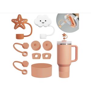 Accessoireset voor Stanley Cup, bevat 6 lekvrije siliconen stoppers, 2 rietjesdoppen, 1 siliconen hoes voor Stanley Cup 1,2 l- en 850 ml-fles, fles niet inbegrepen, nectarine