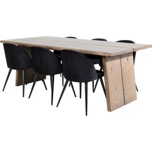 Logger eethoek eetkamertafel uitschuifbare tafel lengte cm 210 / 310 rokerig eik en 6 Velvet eetkamerstal velours zwart.