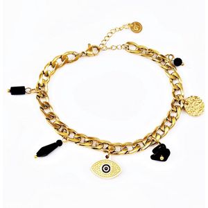 Dottilove Stalen Dames Cubaanse Armband - Turkse oog - Zwarte Stenen - 14K Verguld + Cadeauzakje