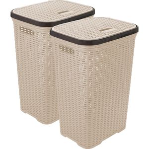 Hega Hogar Wasmand met deksel Rotan - 2x - beige - gevlochten kunststof - 60 liter - 34 x 43 x 62 cm