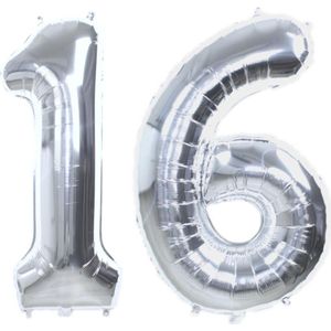 Folie Ballon Cijfer 16 Jaar Zilver 70Cm Verjaardag Folieballon Met Rietje