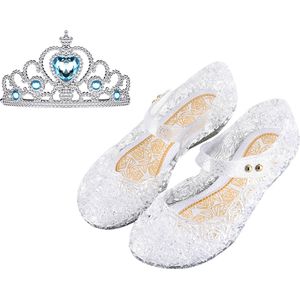 Prinsessenschoenen klittenband + kroon (tiara) - zilver - maat 33/34 - vallen 1-2 maten kleiner - Het Betere Merk - verkleedschoenen prinses - prinsessen schoenen plastic - Giftset voor bij je Prinsessenjurk - binnenzool 20,5 cm