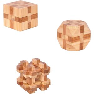 DW4Trading 3D Bamboo Breinpuzzels Complex, Kubus 2 en 3 - set van 3 stuks- 5x5 cm