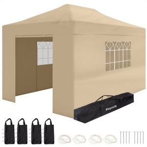 LifeGoods Partytent - Paviljoen - 3x4.5 m - Zijwanden - Easy Up - Opvouwbaar - Waterdicht - Draagtas met Wieltjes - Beige