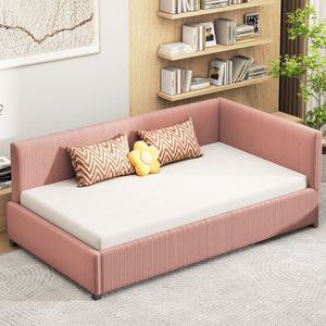 Sweiko Gestoffeerd bed, Slaapbank, 90*200cm, Multifunctioneel bed met lattenbodem, Huidvriendelijke fluwelen stof, Roze(Zonder matras)
