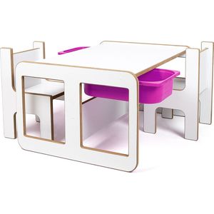 Industrial Living kindertafel met 2 lila opberglades - Kinderbureau met 2 stoelen - Speeltafel - Activiteitentafel - Tekentafel - Hout - Wit