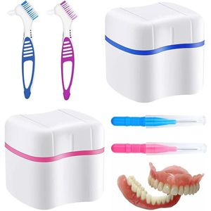 Prothesebox voor het opbergen van valse tanden - Orthodontische doos met reinigingsborstels, blauw en roze