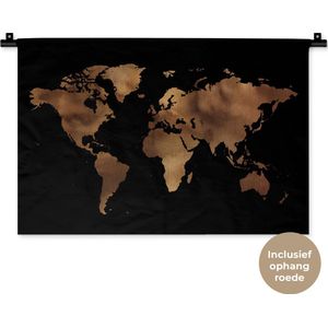Wandkleed WereldkaartenKerst illustraties - Bronskleurige wereldkaart met structuurpatroon op zwarte achtergrond Wandkleed katoen 60x40 cm - Wandtapijt met foto