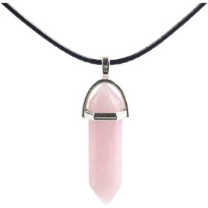 Bixorp Gems Rozenkwarts Hanger aan Faux Leren Koord - Edelsteen Ketting - Edelstenen Staafje met Stainless Steel omhuizing - 45/50cm Damesketting