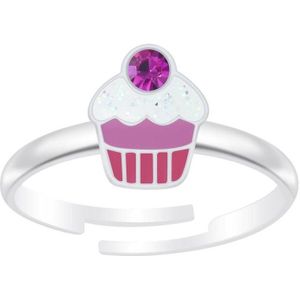 Ring meisje kind | Ring kinderen | Zilveren verstelbare ring, cupcake met kristal