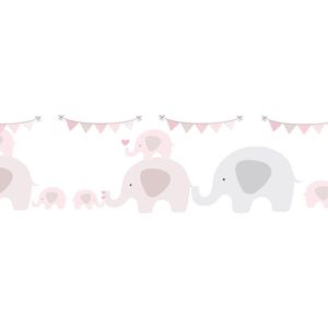 Dieren patroon behang Profhome 403749-GU zelfklevende behangrand licht gestructureerd met olifanten mat roze grijs wit 0,75 m2