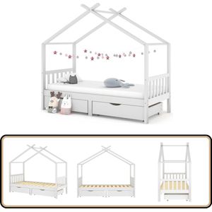 vidaXL Kinderbedframe - Grenenhout - 90x200 cm - Wit Kinderbed - Boomhut Stijl - Houten Bed - Kids Bed - Kinderkamer