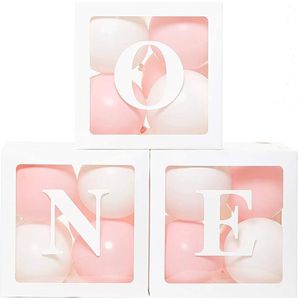 Drie doorzichtig letter ballon blokken One wit inclusief 24 ballonnen roze en wit - ballondoos - ballonbox - cakesmash - eerste verjaardag - wit - roze