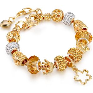 ICYBOY 18K Bedel Armband Met Kroon Bedels Ster Pendant verguld [GOLD-PLATED] [19 cm] - Hole Beads Flower Charm Bracelet Glass Crown