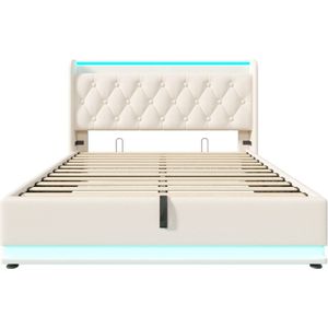 Gotagee Gestoffeerd bed 160x200cm tweepersoonsbed (zonder matras) wit PU hydraulisch opbergbed met USB type-C oplaadfunctie en 360-surround LED met app/afstandsbediening