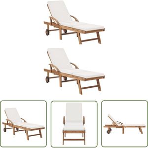 The Living Store Ligbedden met kussens 2 st massief teakhout crème - Ligbed - Teak - Loungebed - Tuinset - Buitendecor