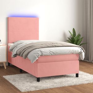 The Living Store Boxspring Bed - Roze Fluweel - 203x100x118/128 cm - Verstelbaar hoofdbord - Kleurrijke LED-verlichting - Pocketvering Matras - Huidvriendelijk Topmatras  1 x Bedframe - 1 x Hoofdeind - 1 x Matras - 1 x Topmatras - 1 x LED-strip