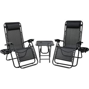 SQIZZ® Loungeset - 2 Ligstoelen & tafel met 2 bekerhouders - flexibel instelbaar - opvouwbaar - zwart (loungeset tuinmeubels, tuinstoelen, stoelen voor tuin, terras, patio, balkon, veranda, zwembad, camping, kamperen)