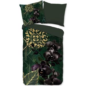 Dekbedovertrek 200x200 cm - Luxe Orchideeën en Gouden Elementen Print - Groen - 2 Persoons - 100% Katoen