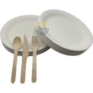 KURTT - bestek set hout 100x mes 100x lepel 100x vork + kartonnen borden 100 x - wegwerpborden - serviessets - besteksets - bordenset - ideaal voor feestjes - barbecue - camping