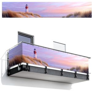 Balkonscherm 500x90 cm - Balkonposter Vuurtoren - Duinen - Zonsondergang - Balkon scherm decoratie - Balkonschermen - Balkondoek zonnescherm