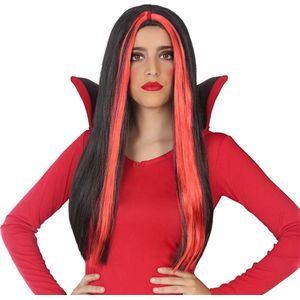 Atosa Heksenpruik lang haar - zwart/rood - dames - Halloween - Duivel - Vampier