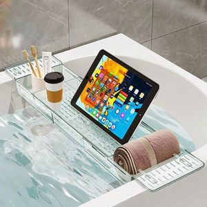 Uittrekbare Badkuipplank helder - badaccessoires met afvoerdesign - badtafel voor wijnglazen en tablet - telefoons kaarsen boek