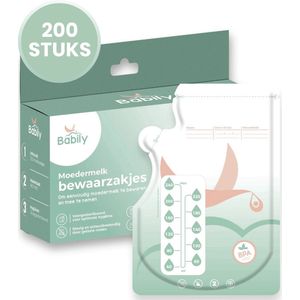 Babily - Moedermelk bewaarzakjes - 200 stuks - Borstvoeding bewaarzakje - Melkzakjes - 240 ml - Met dubbele sluiting en schenktuit