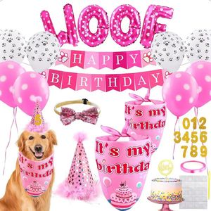 33-delige honden verjaardags set WOOF roze met stippels - hond - verjaardag - Woof - ballon - bandana - slinger